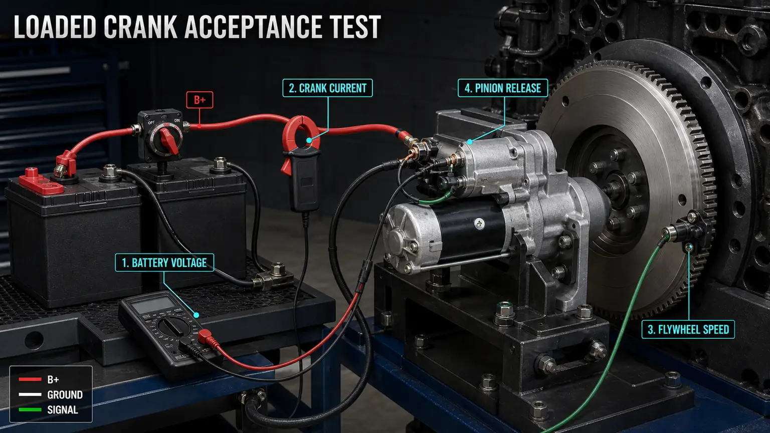 Loaded crank acceptance test measuring battery voltage, crank current, flywheel speed and pinion release