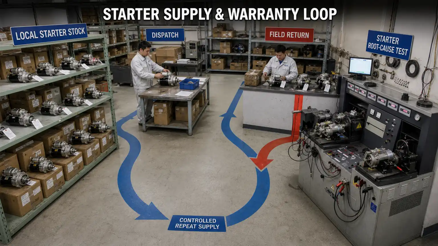 Philippines starter supply and warranty loop linking local stock, dispatch, field returns and controlled repeat supply