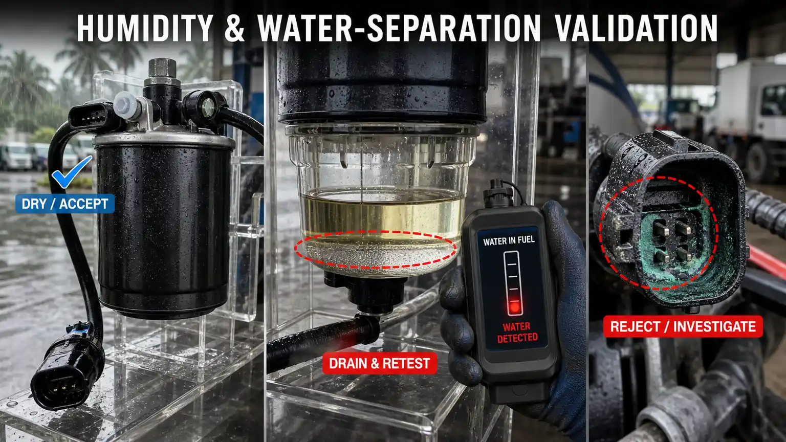 Validaci&oacute;n de filtros de combustible tropicales comparando la aceptaci&oacute;n en seco, el agua separada que requiere una nueva prueba y el rechazo del conector corro&iacute;do