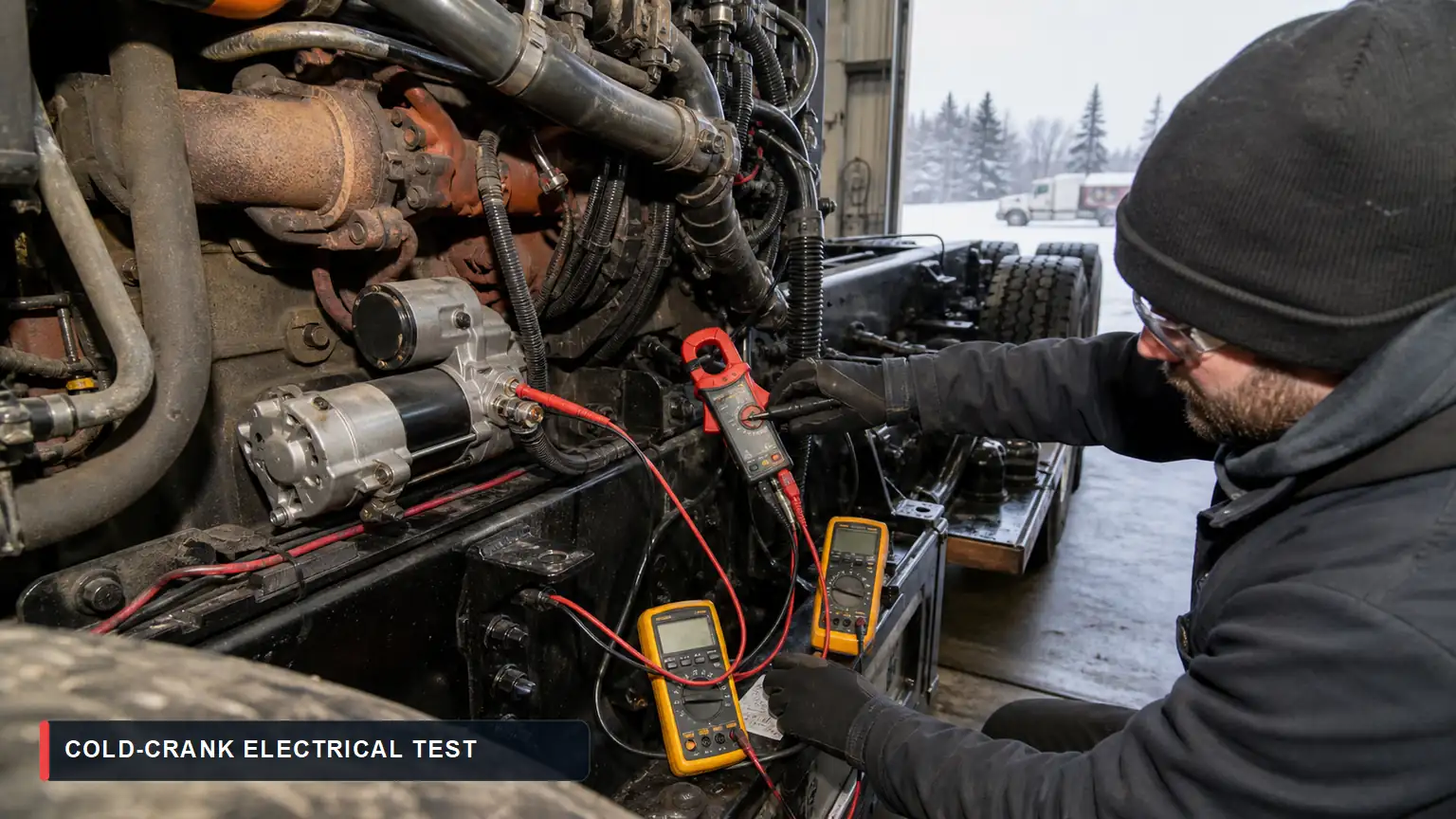 Installed heavy-duty starter undergoing cold-crank voltage-drop and current-draw measurements in a winter workshop