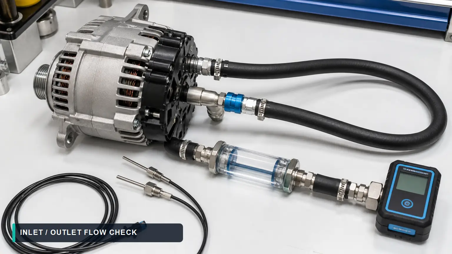Liquid-cooled alternator with coolant hoses, flow sight glass and temperature probes for inlet and outlet circuit checks