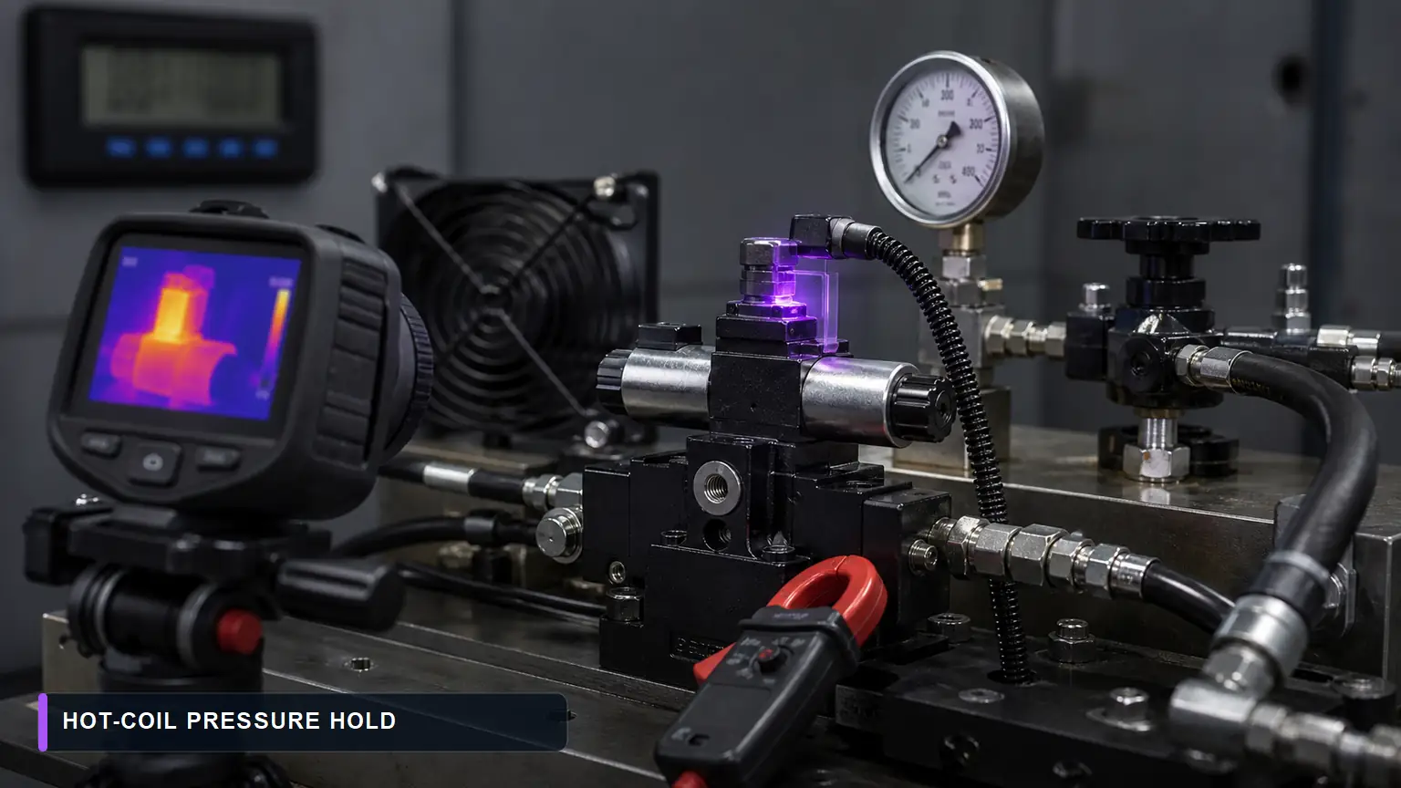 Energized hydraulic solenoid valve under thermal-camera, current-clamp and pressure-hold testing
