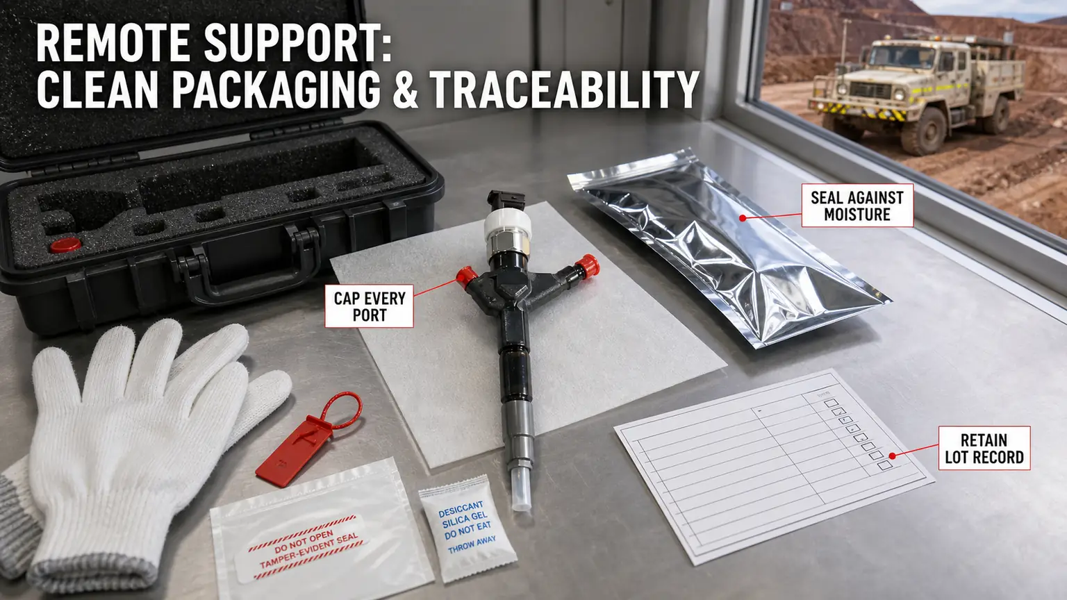Remote-support injector packing bench with capped ports, moisture barrier, lot record and field-spares case