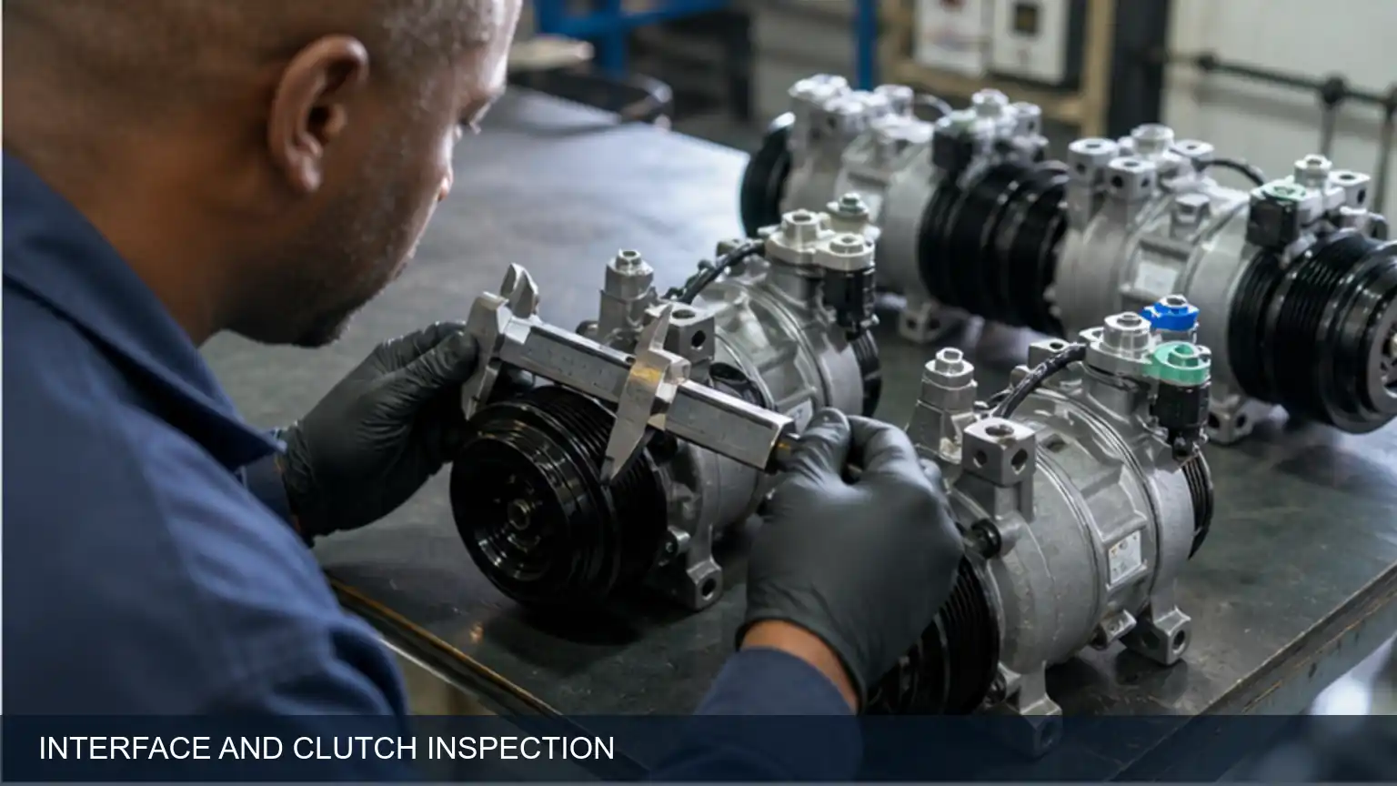 Heavy-duty A/C compressor mounting, port, pulley and clutch-interface inspection