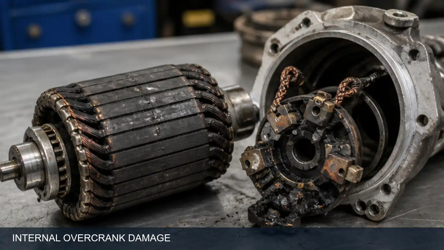 Disassembled heavy-duty starter showing internal heat damage caused by repeated overcranking