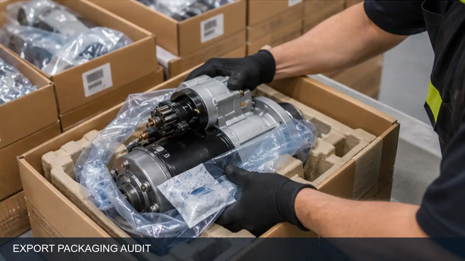 Export packaging audit for heavy-duty starter motors with corrosion and impact protection checks