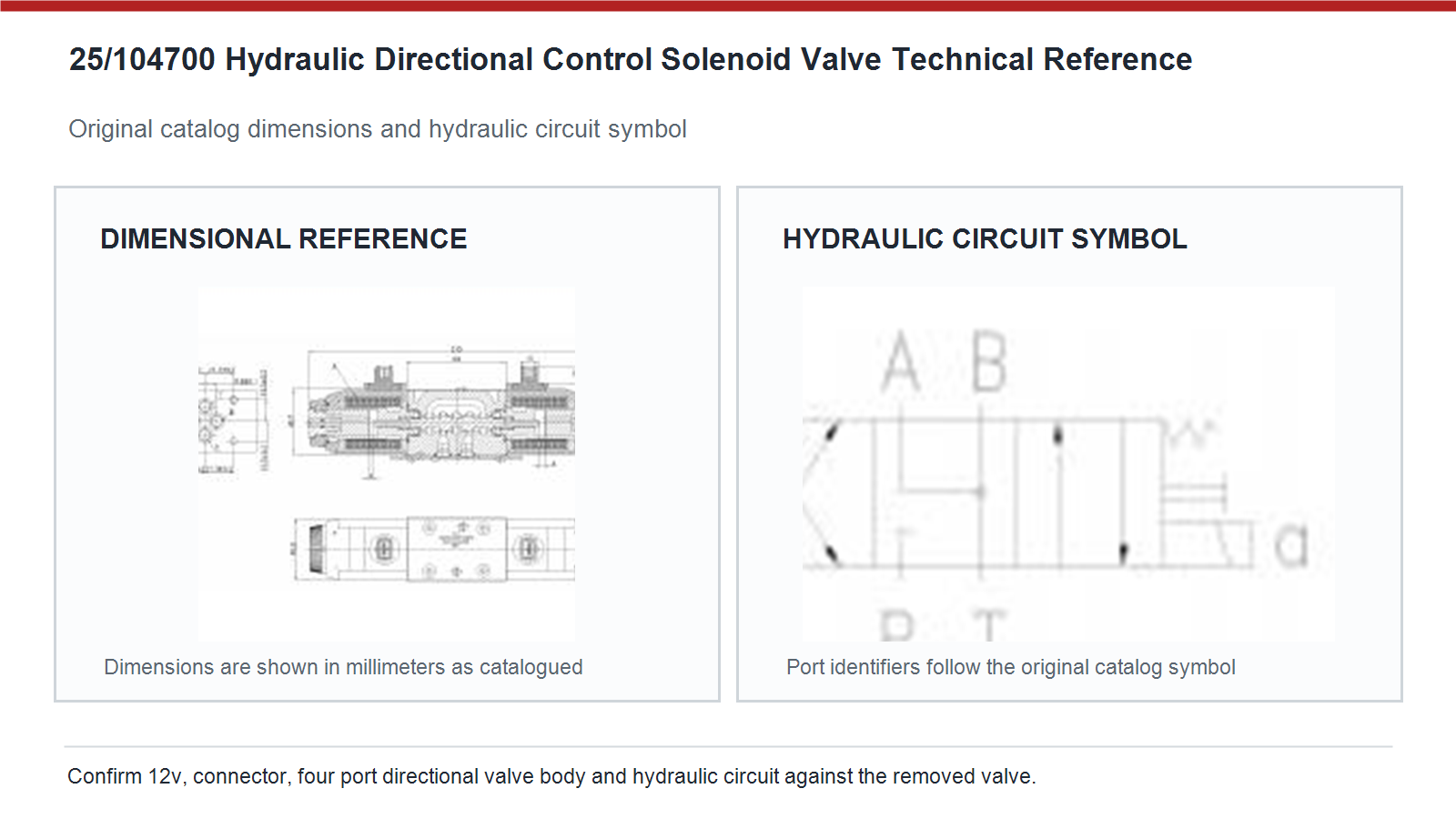 25/104700 JCB hydraulic directional control solenoid valve dimensions and hydraulic circuit diagram