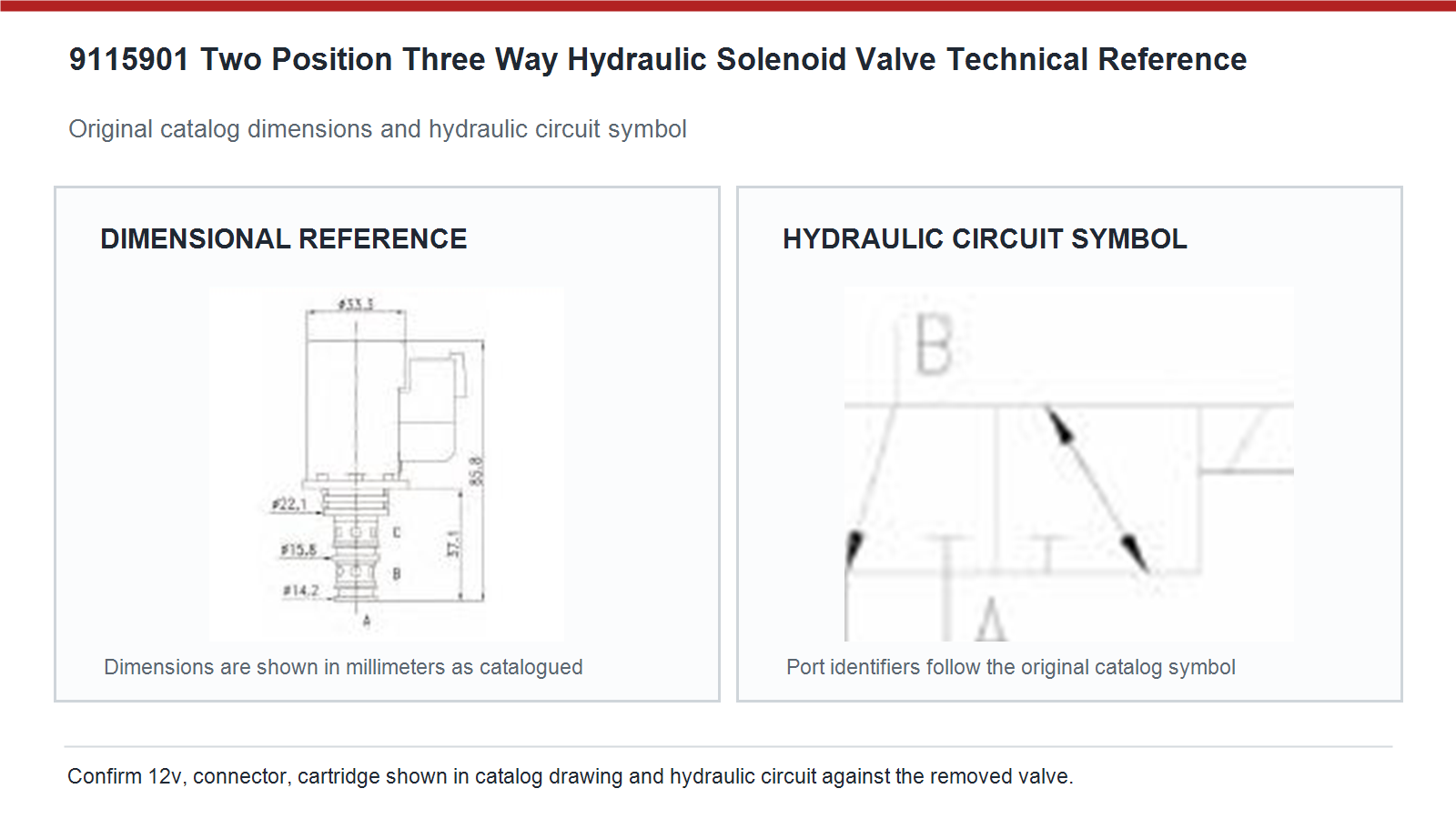 9115901 Perkins two position three way hydraulic solenoid valve dimensions and hydraulic circuit diagram