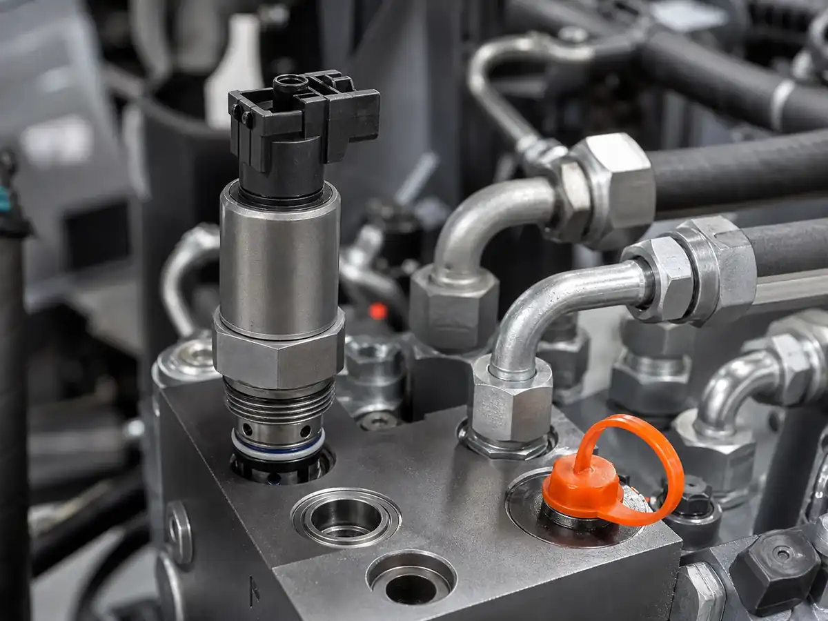 Hydraulic cartridge solenoid valve installed in an off-highway equipment valve manifold