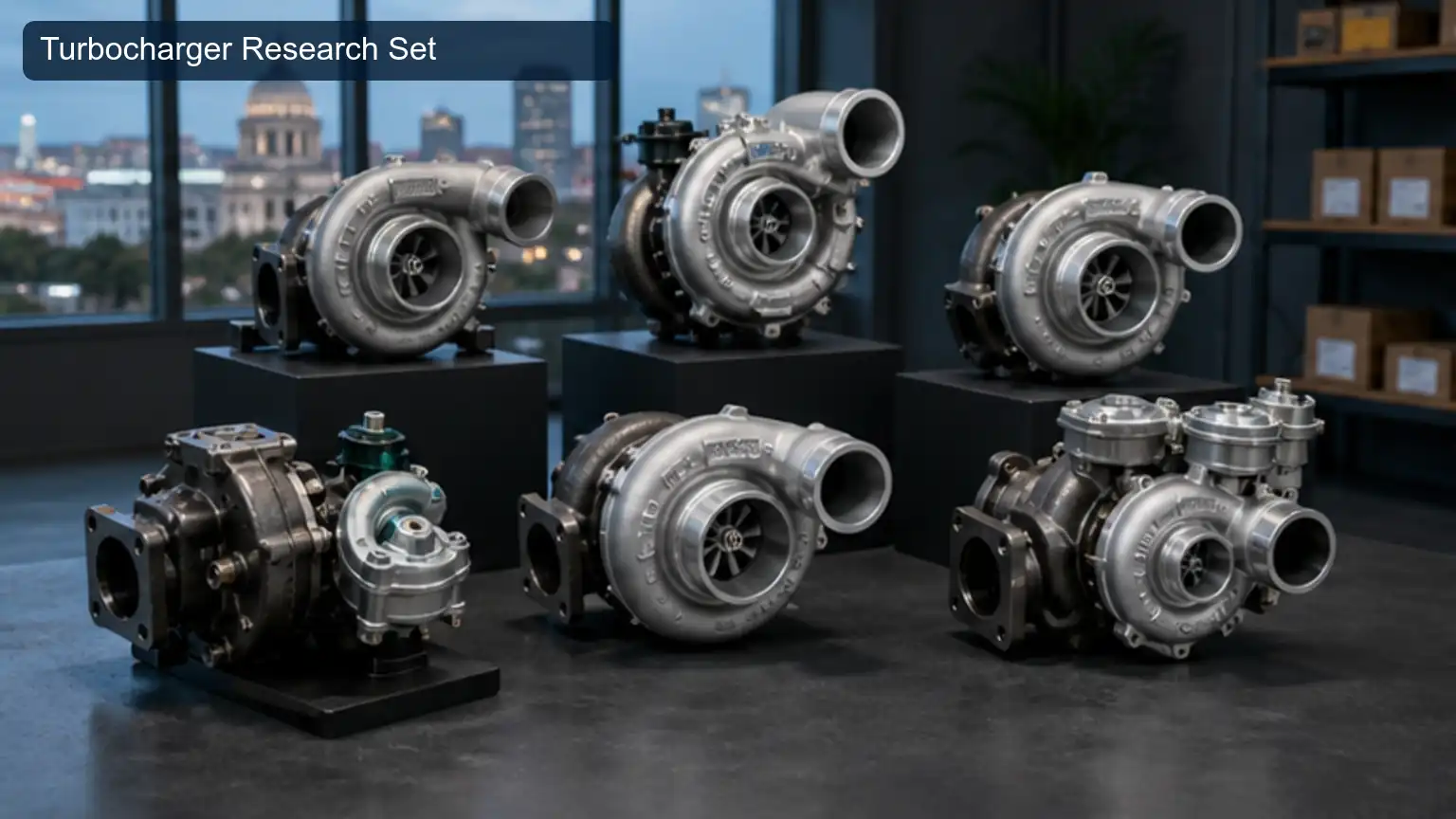 Turbocharger Research Set for Top 20 Heavy-Duty Turbocharger Manufacturers in Mexico, shown as a photorealistic heavy-duty technical inspection view