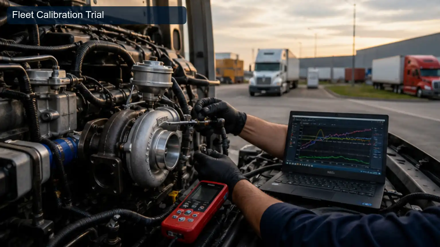 Fleet Calibration Trial for Top 20 Heavy-Duty Turbocharger Manufacturers in Mexico, shown as a photorealistic heavy-duty technical inspection view