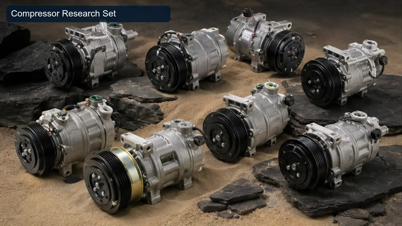 Compressor Research Set for Top 20 Heavy-Duty A/C Compressor Manufacturers in Saudi Arabia, shown as a photorealistic heavy-duty technical inspection view