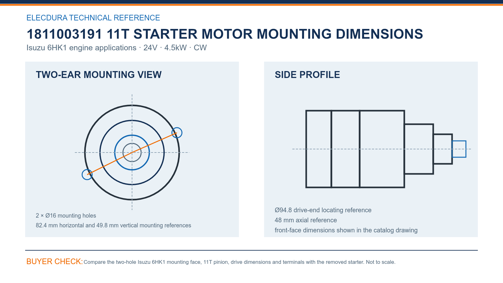 1811003191 Isuzu 6HK1 24V 4.5kW 11T starter mounting dimensions