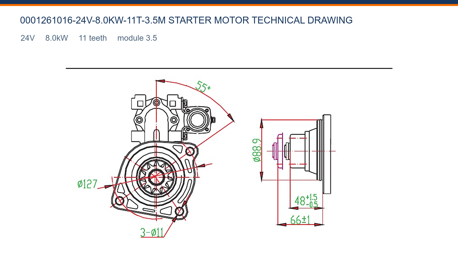 0001261016-24V-8,0KW-11T-3,5M Weichai start&eacute;r technick&yacute; v&yacute;kres 24V 8,0kW 11T