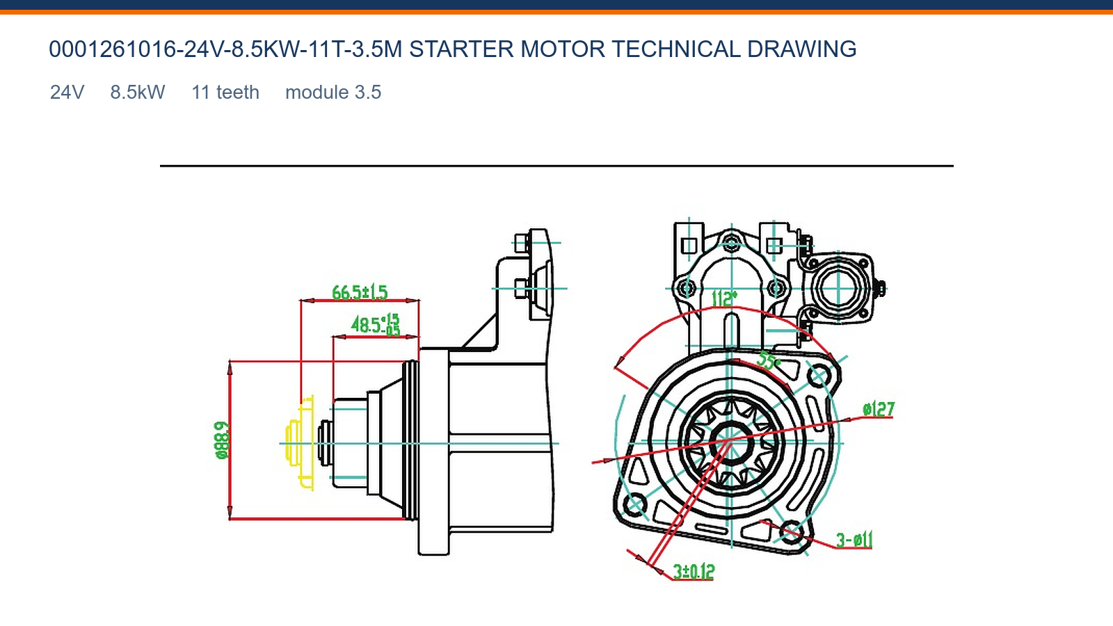 0001261016-24V-8.5KW-11T-3.5M Disegno tecnico motorino avviamento Weichai 24V 8.5kW 11T