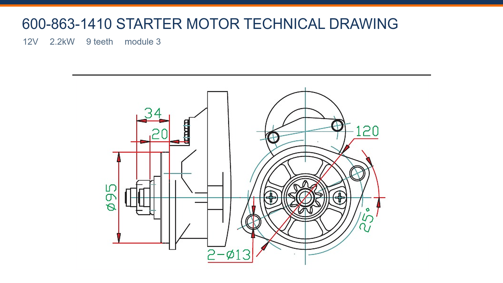 600-863-1410 Dibujo t&eacute;cnico del motor de arranque Cummins 12V 2.2kW 9T