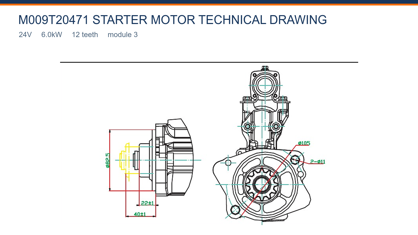 M009T20471 Mitsubishi starter motor technical drawing 24V 6.0kW 12T