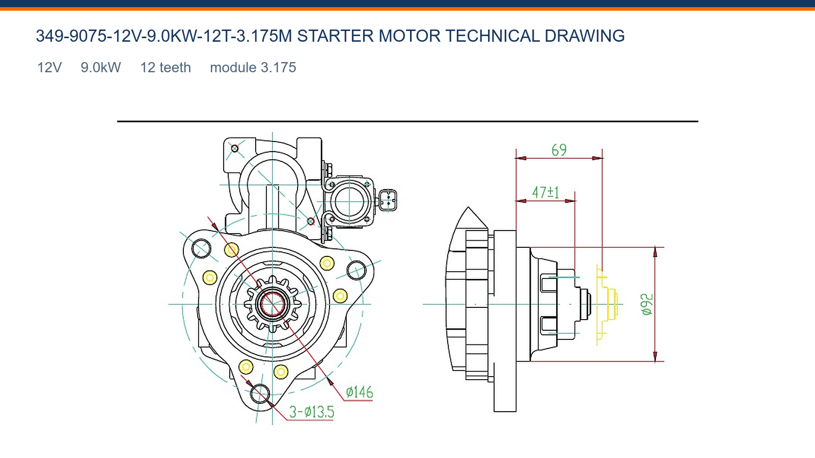 349-9075-12V-9.0KW-12T-3.175M Caterpillar starter motor technical drawing 12V 9.0kW 12T