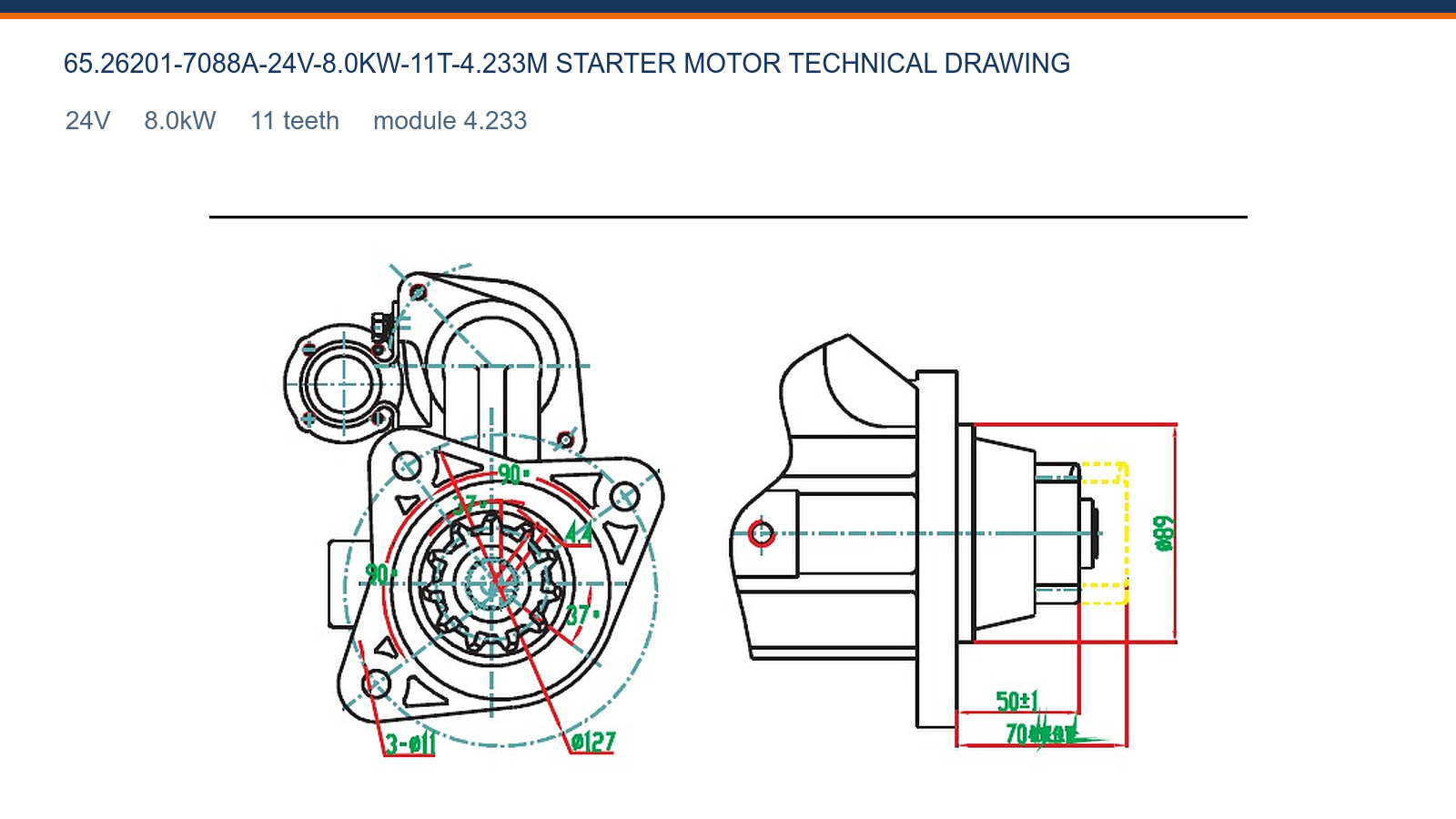 65.26201-7088A-24V-8.0KW-11T-4.233M Daewoo starter motor technical drawing 24V 8.0kW 11T