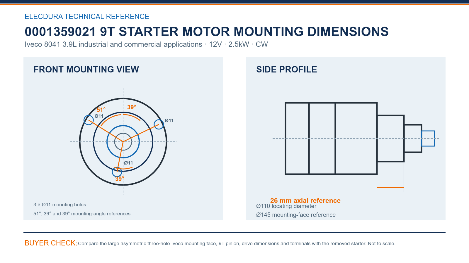 0001359021 Iveco 8041 3.9L 12V 2.5kW 9T starter mounting dimensions