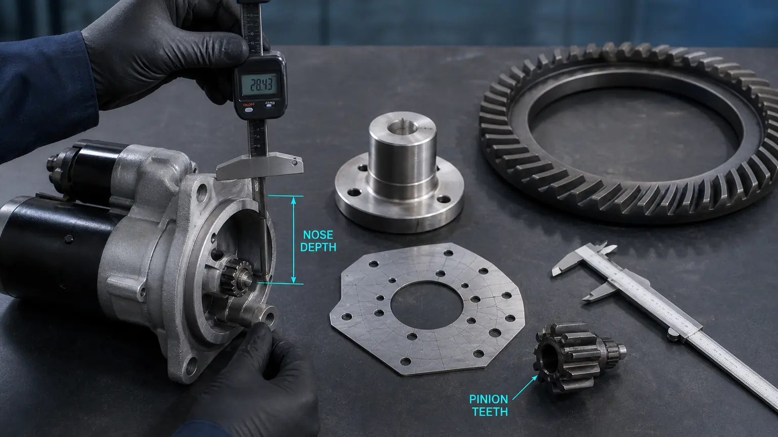 Heavy-duty starter nose depth, pilot, bolt pattern, pinion teeth, and ring-gear metrology