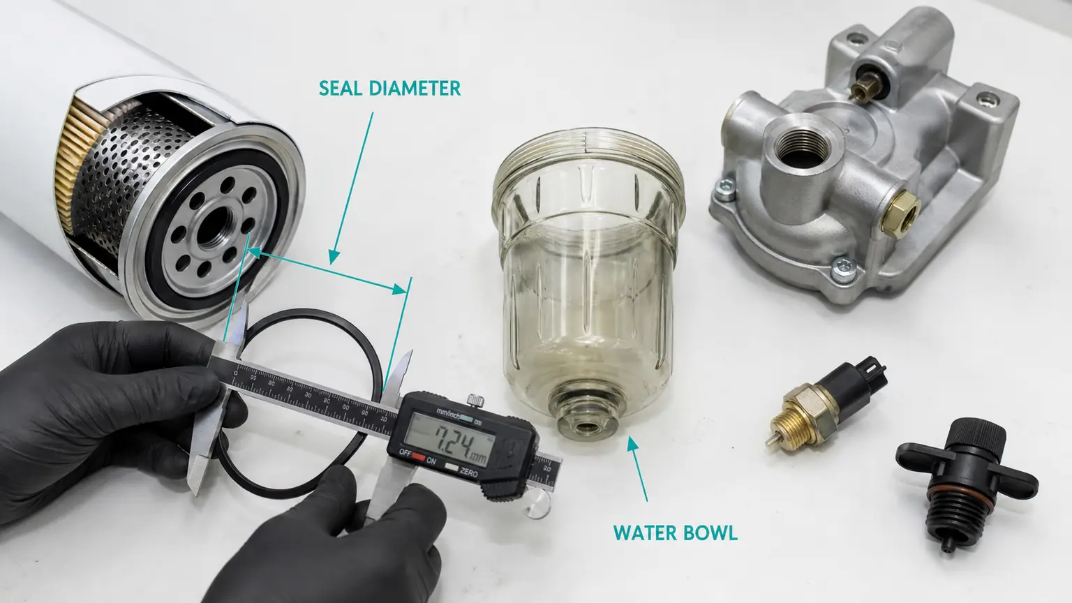 Fuel-filter seal diameter, threaded head, transparent water bowl, drain, and sensor inspection