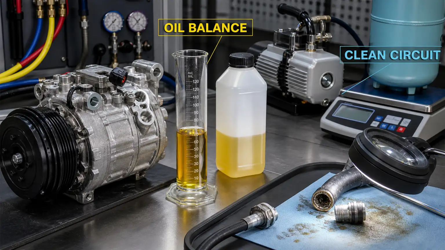 A/C compressor oil balancing, vacuum, refrigerant mass, and clean-circuit preparation