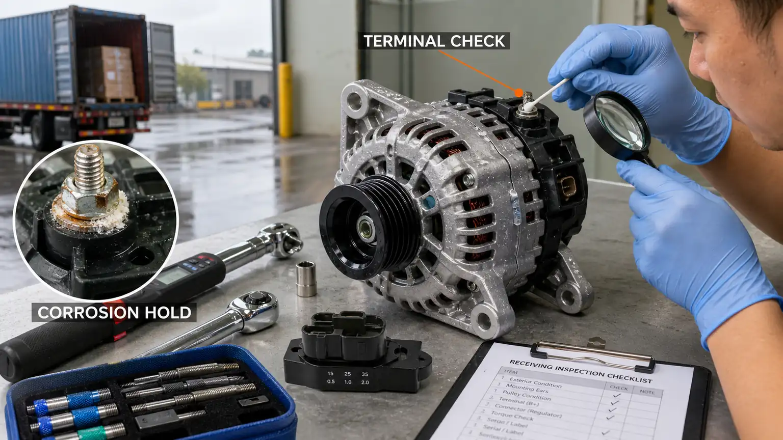 Alternator terminal, regulator connector, pulley, and corrosion receiving inspection