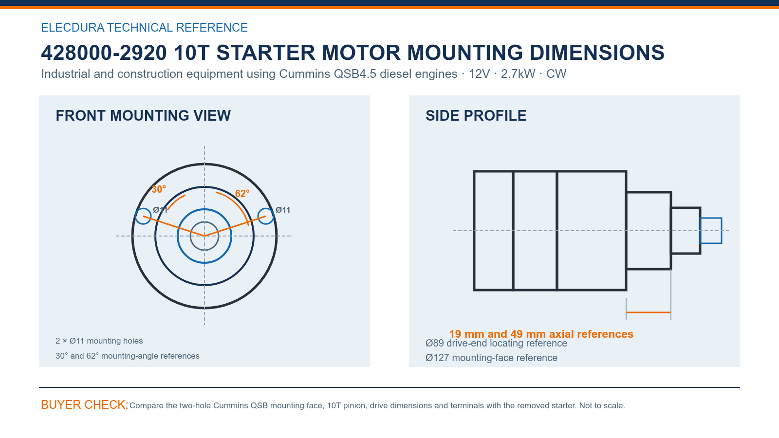 428000-2920 Cummins QSB4.5 12V 2.7kW 10T starter mounting dimensions