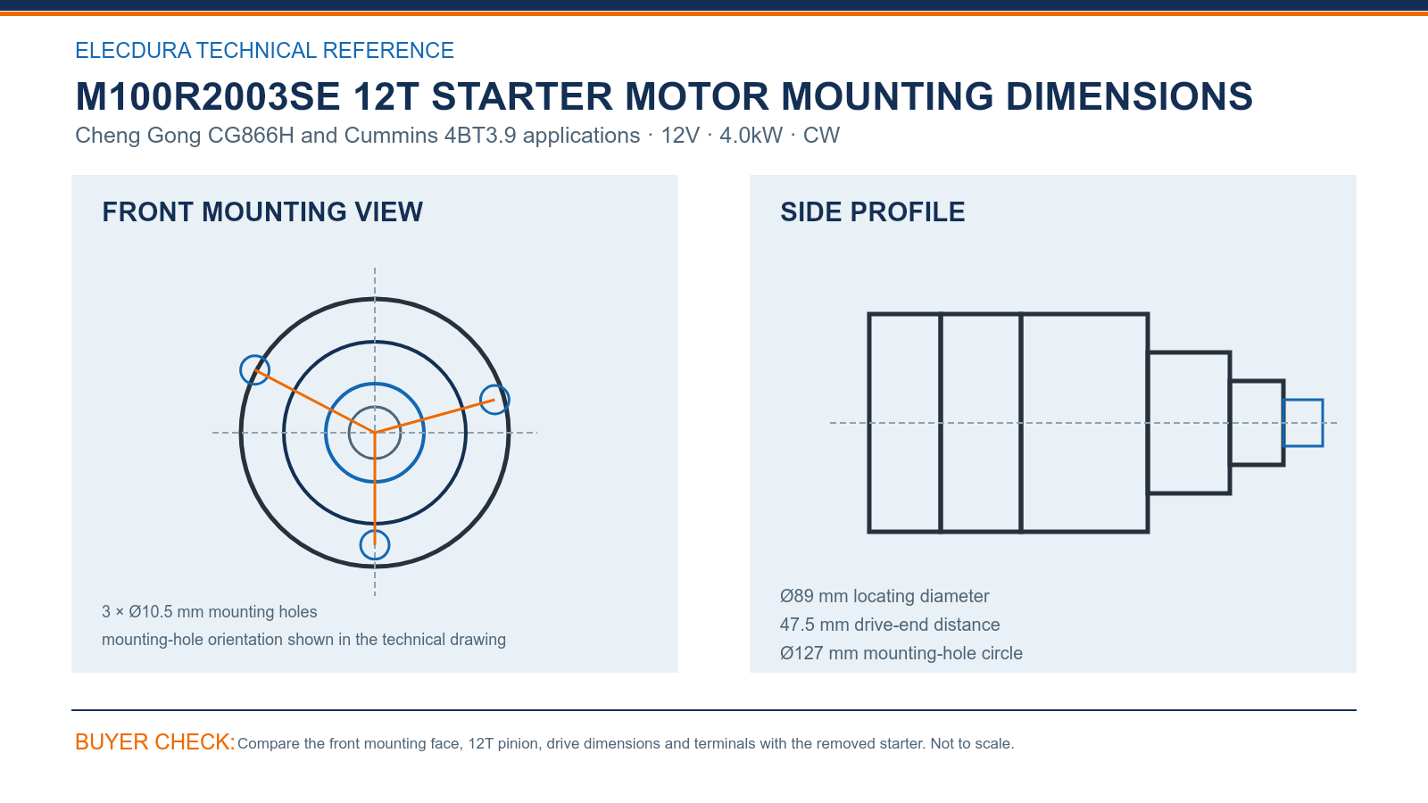 M100R2003SE Cheng Gong CG866H and Cummins 4BT3.9 12V 4.0kW 12T starter mounting dimensions
