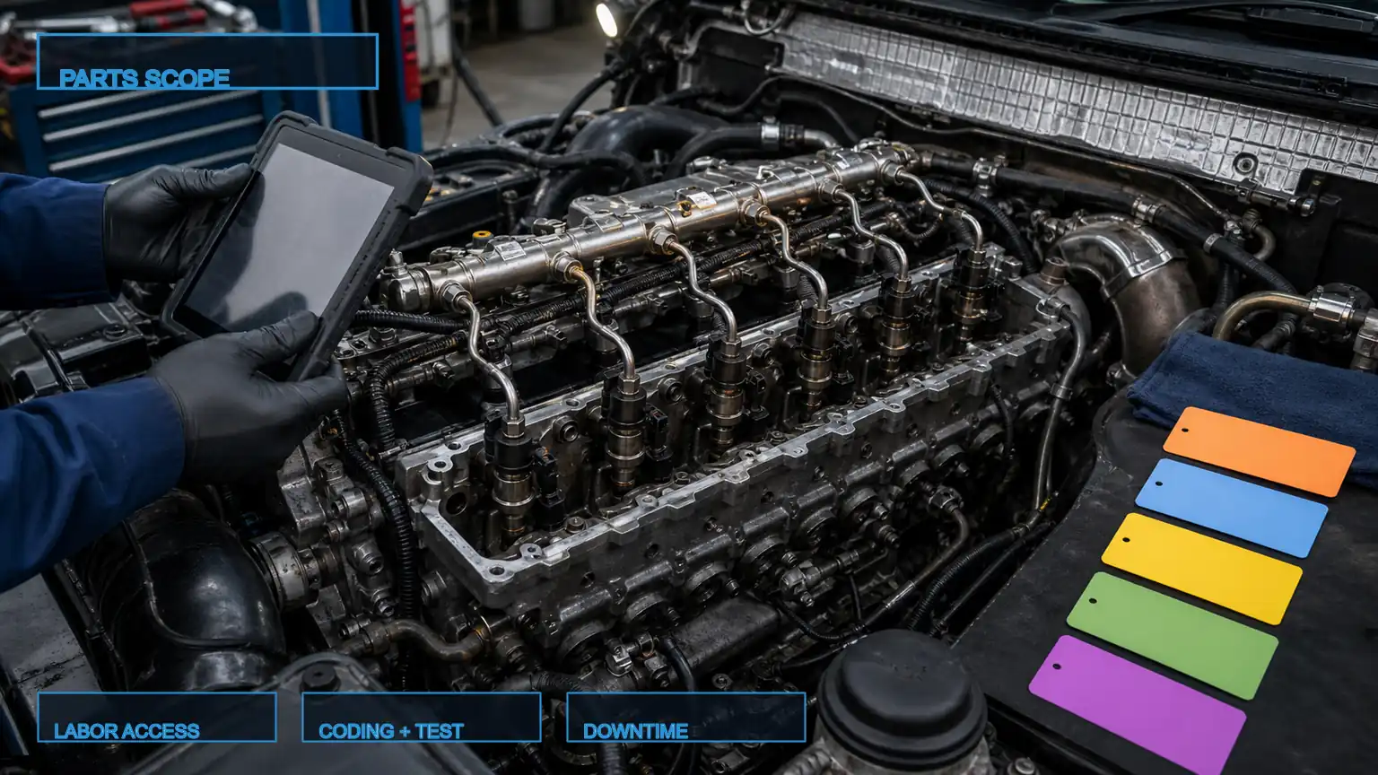 Heavy-duty common-rail injector bank showing the parts, labor, coding, test, and downtime elements that shape replacement cost.