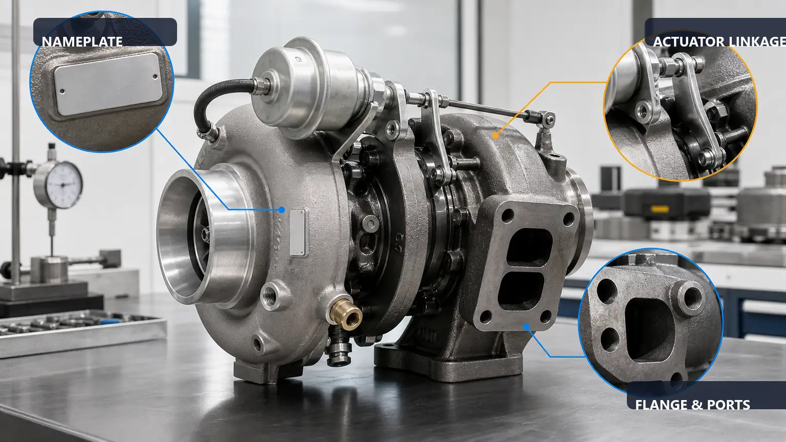 German heavy-duty turbocharger supplier audit showing nameplate, actuator, flange, and housing checks
