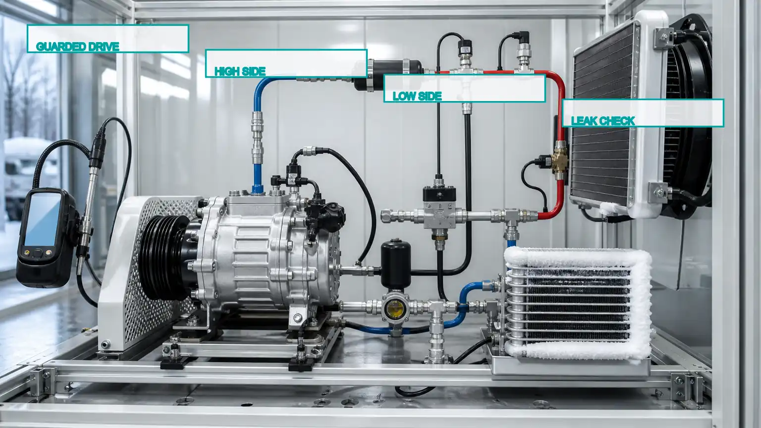 Heavy-duty A/C compressor on a guarded cold-to-warm refrigerant-loop functional and leak test bench in Poland.
