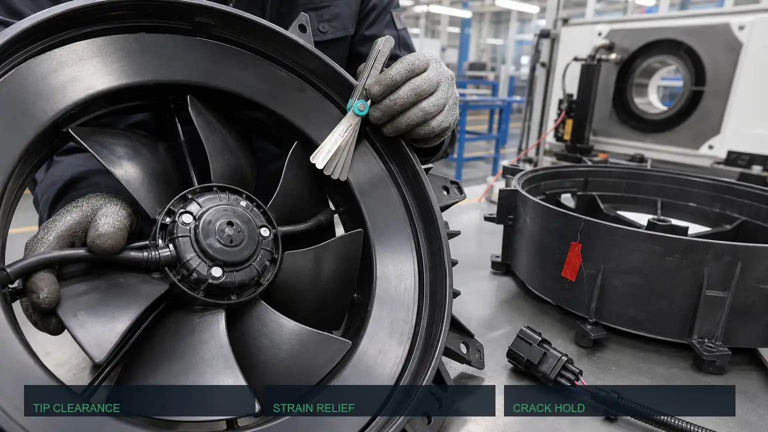 Close inspection of radiator-fan blade-tip clearance, connector strain relief, bearing condition, and a marked shroud crack.