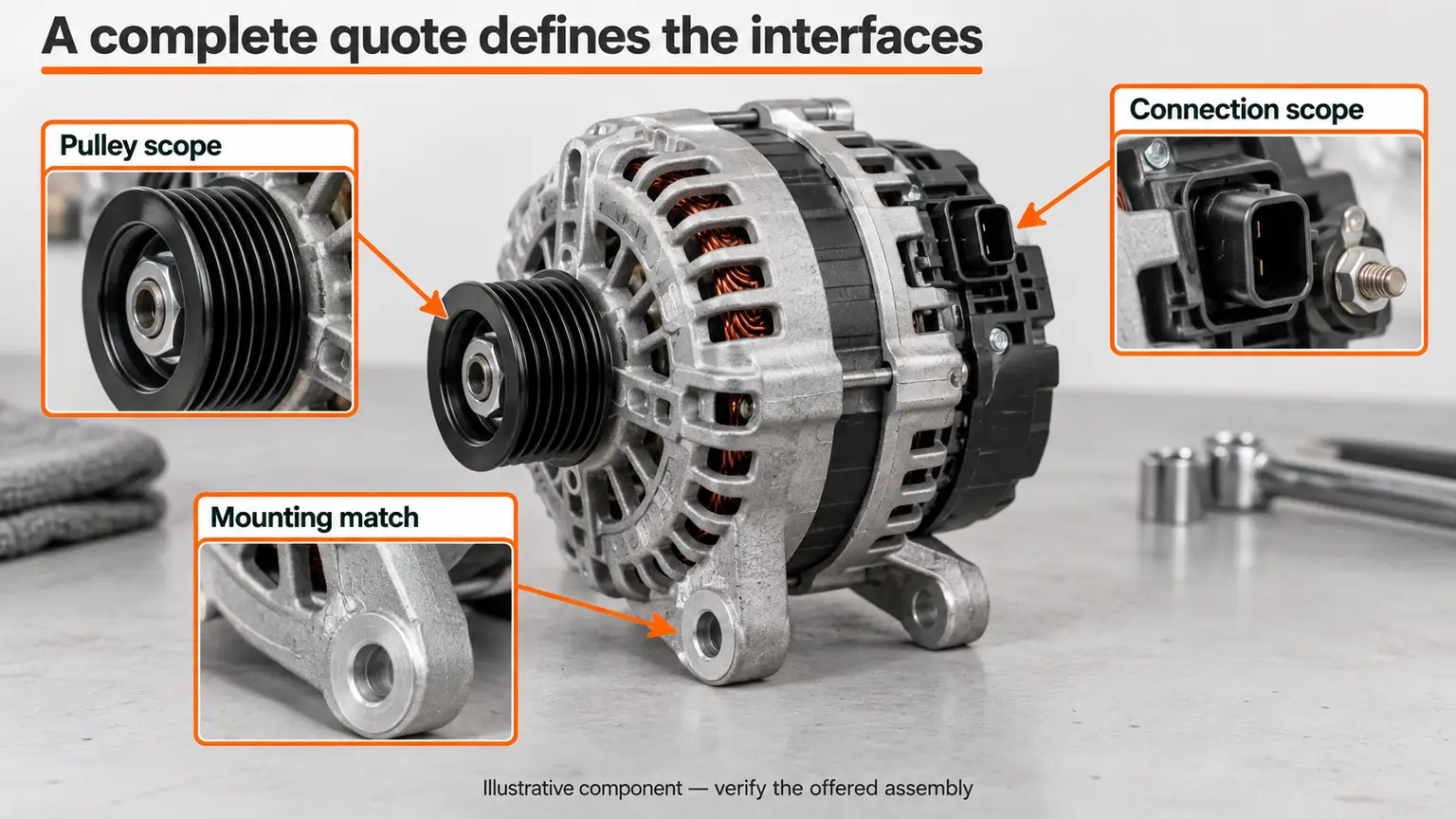 Generic alternator interface illustration identifying pulley, mounting and connection questions for the complete quotation