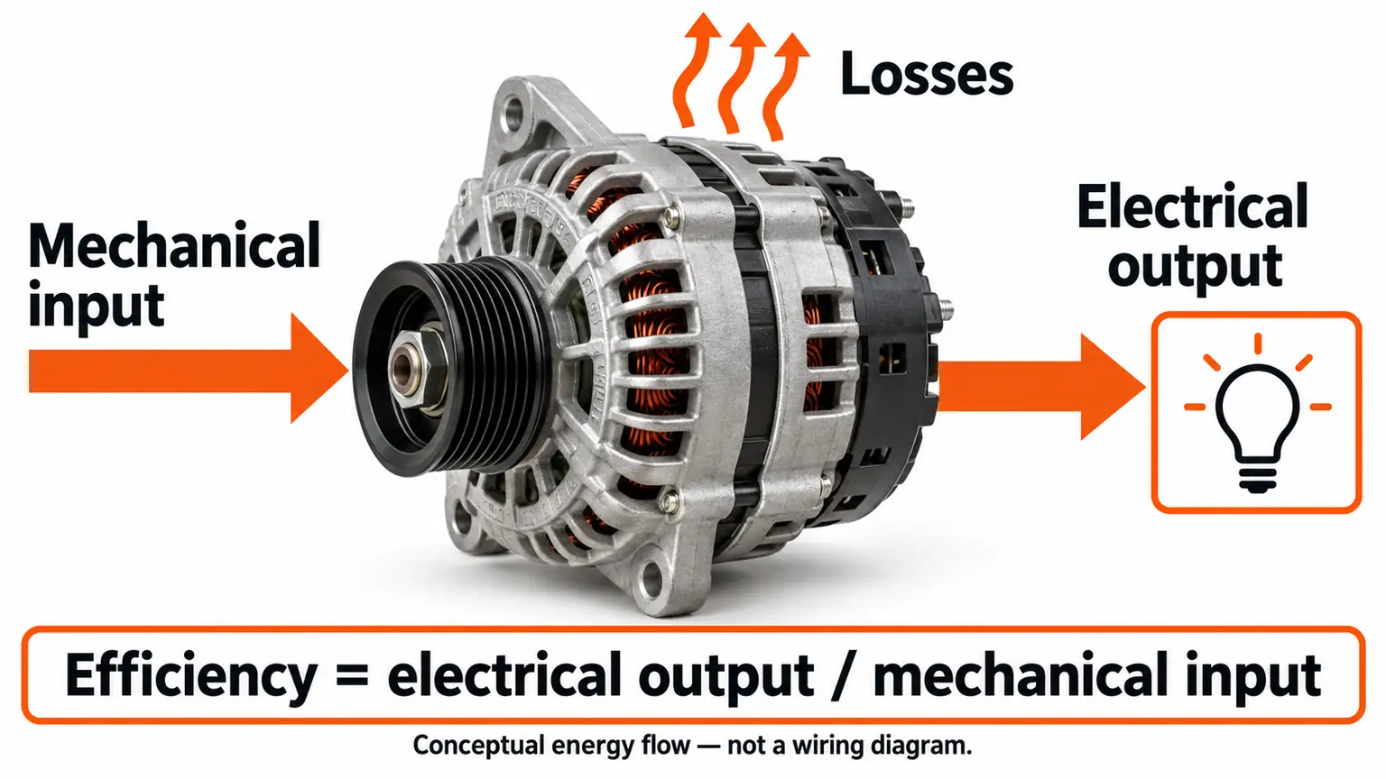 Conceptual alternator energy flow separating mechanical input, useful electrical output and losses