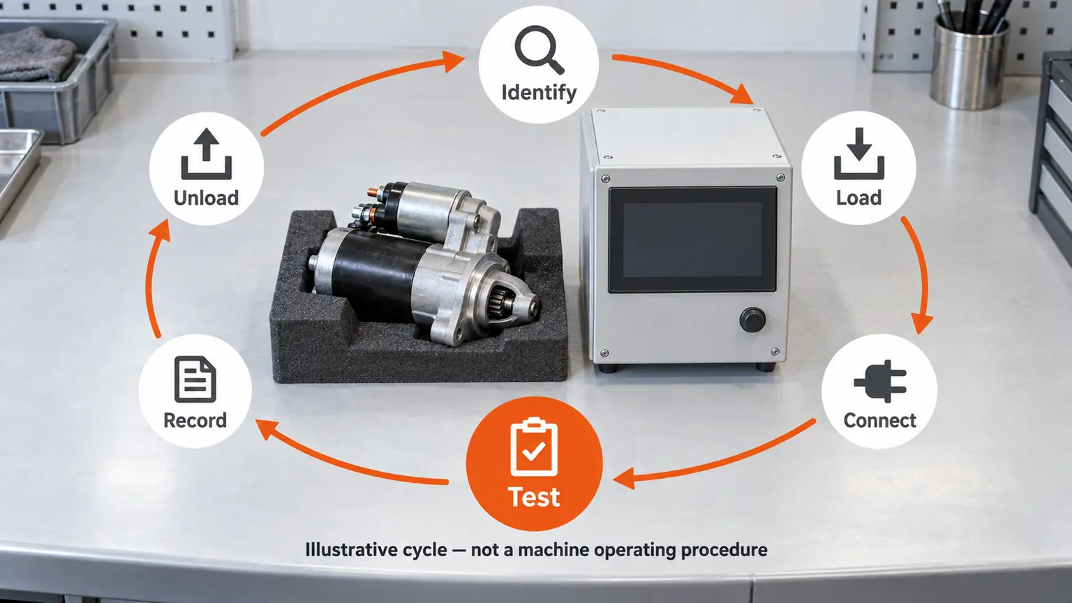 Illustrative station-cycle loop separating identification, loading, connection, test, record and unloading from the test segment alone
