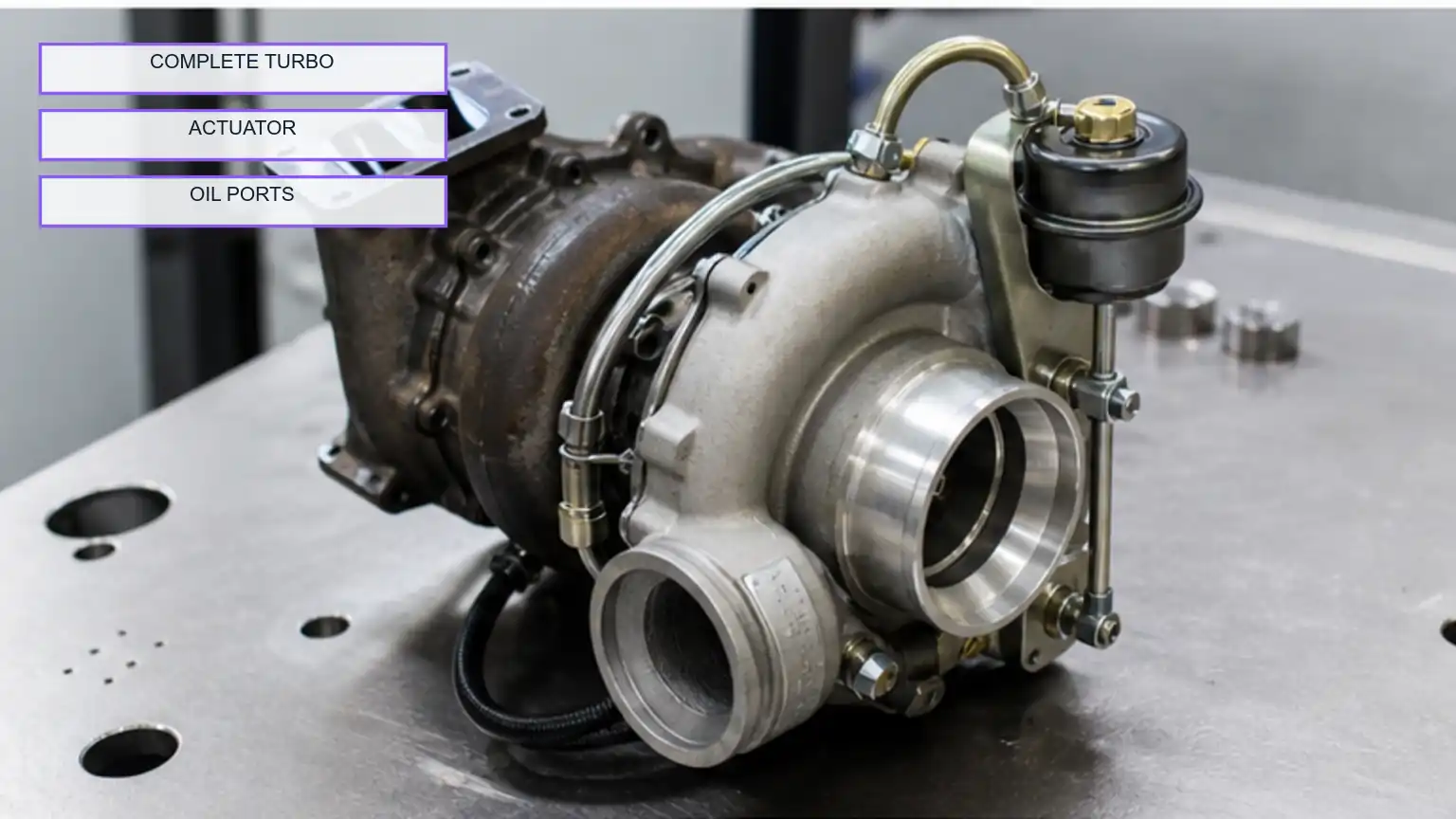 Complete actuator-equipped heavy-duty turbocharger positioned for full assembly identification.