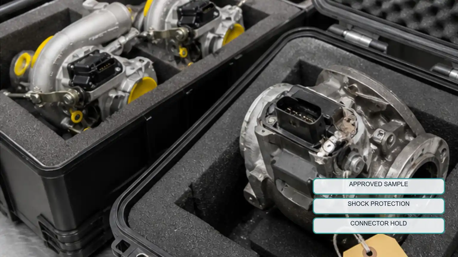 Actuator-equipped turbochargers reviewed in fitted packaging with one damaged connector unit quarantined.