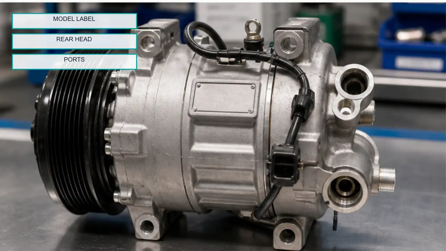 Heavy-duty A/C compressor model-label area, rear-head casting, hose ports, clutch, and connector shown together.