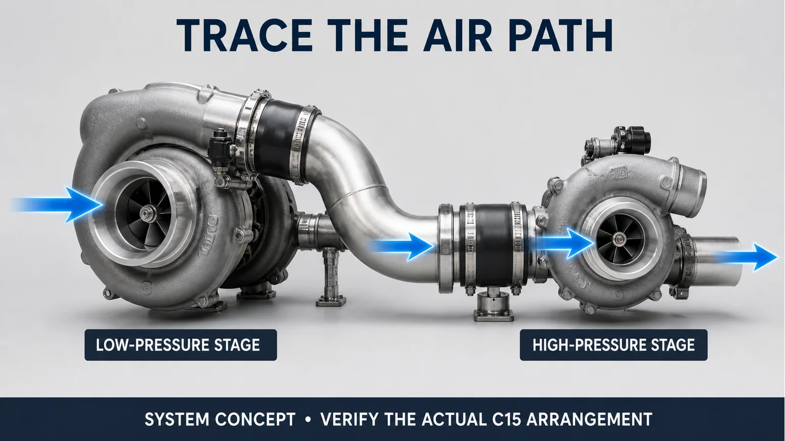 Concetto di flusso d'aria del turbocompressore seriale a due stadi che mostra lo stadio di bassa pressione prima dello stadio di alta pressione senza dichiarazioni sul codice C15