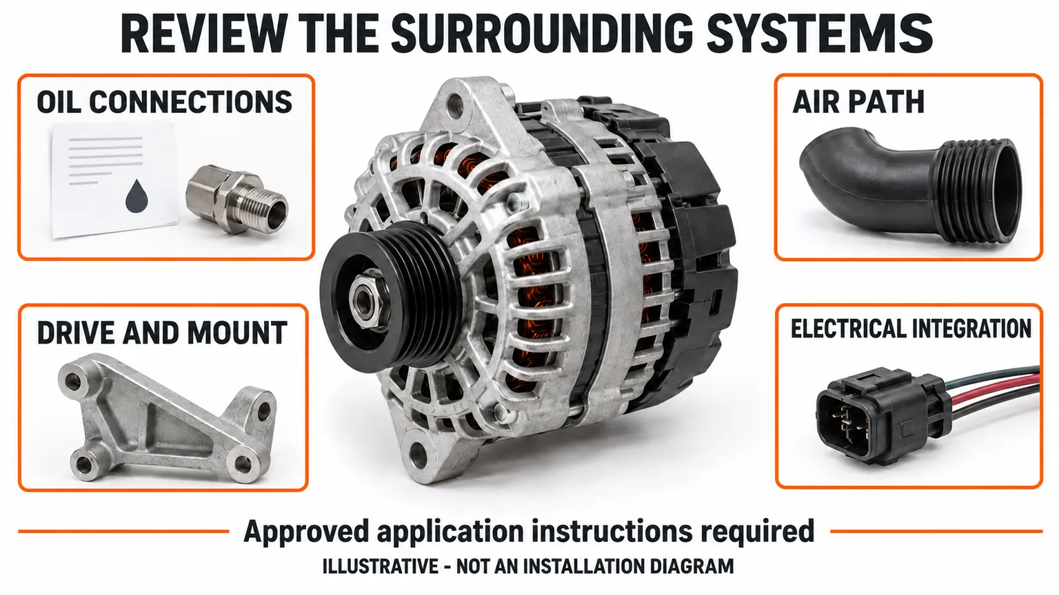 Four surrounding-system review areas are shown around a generic alternator to define conversion project scope.