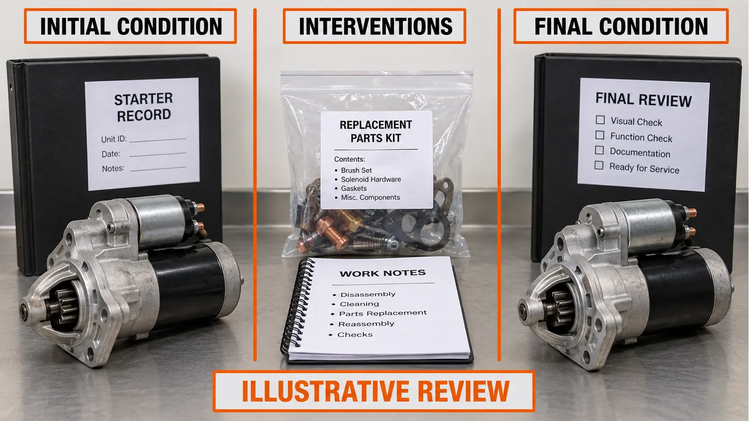 Illustrative starter review with an intervention log and generic replacement parts, separating initial condition from final observations.