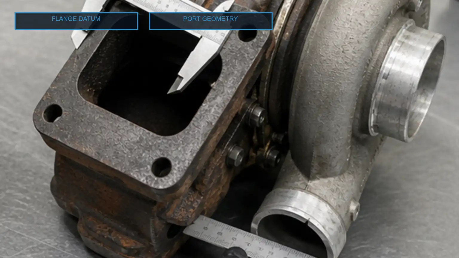 Heavy-duty turbocharger turbine flange and compressor outlet measured with calipers and a steel rule on a metrology bench.
