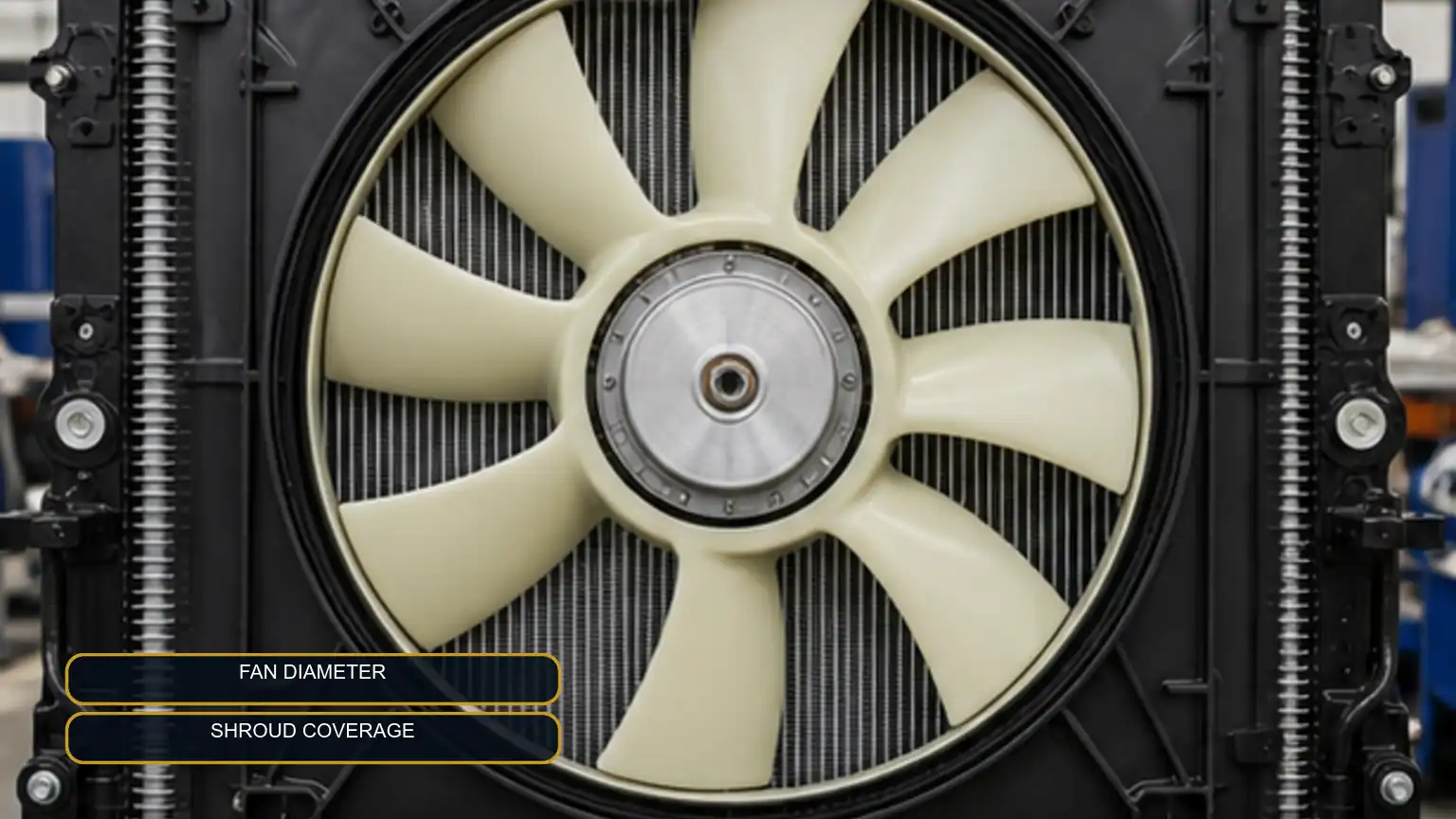 Complete heavy-duty radiator, shroud, hub, and multi-blade cooling fan viewed from the engine side.