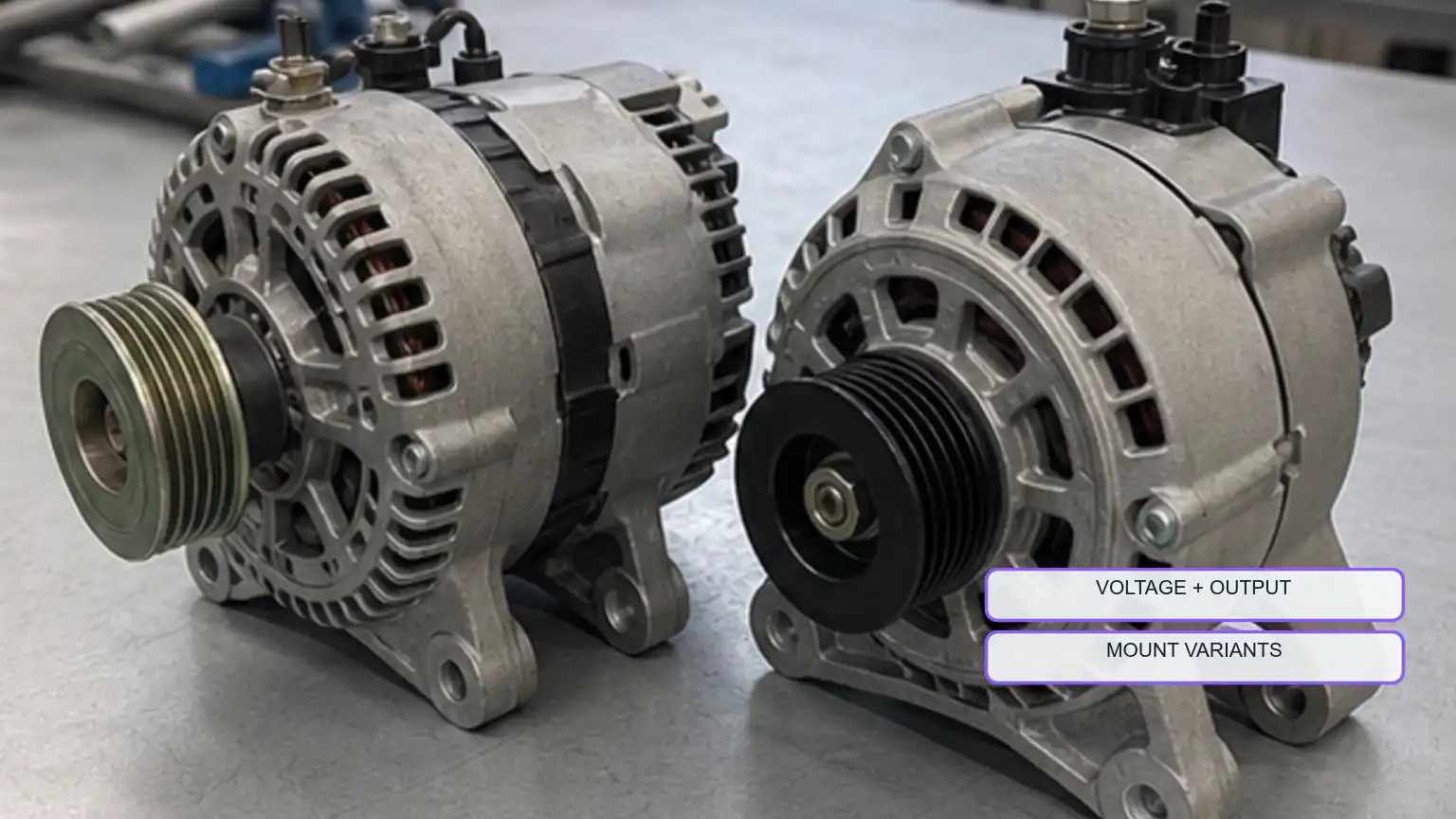 Two visibly different heavy-duty alternators compared on a workshop bench for pulley, mounting, and terminal differences.