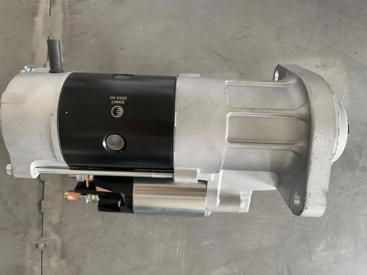 Real side-view photograph of a starter motor with its exterior housing and marking visible; the photo does not establish its processing condition.