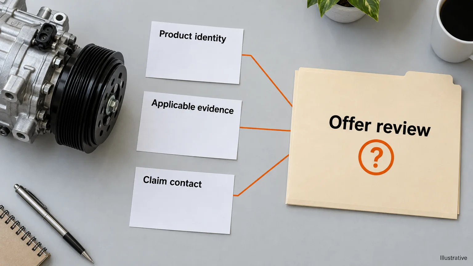 Illustrative purchasing desk links product identity, applicable evidence and claim contact to an unresolved compressor offer review.