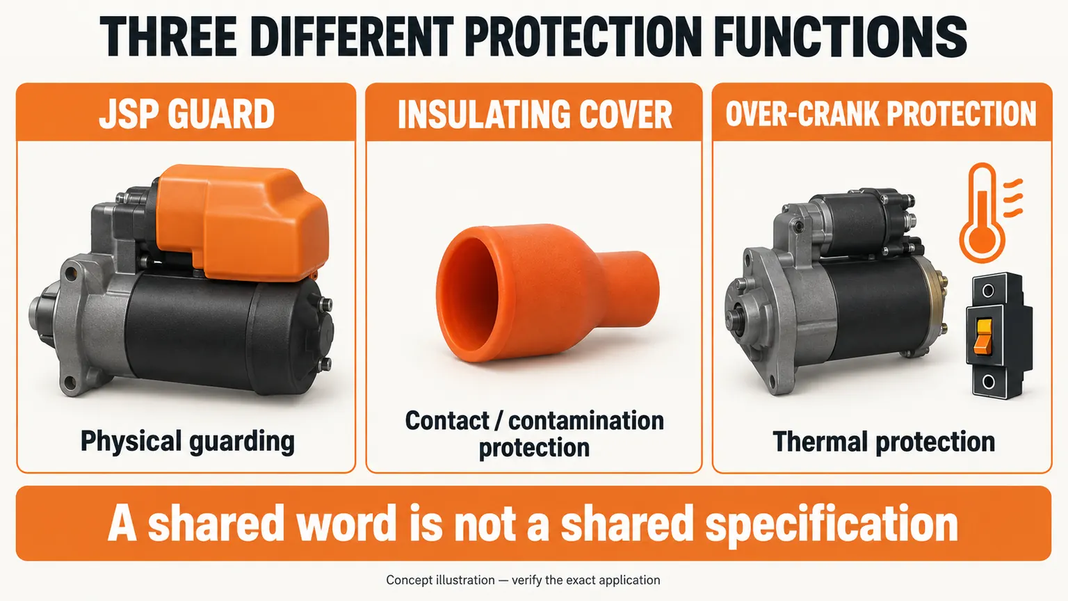Concept comparison of a JSP guard, terminal insulation cover and over-crank protection.