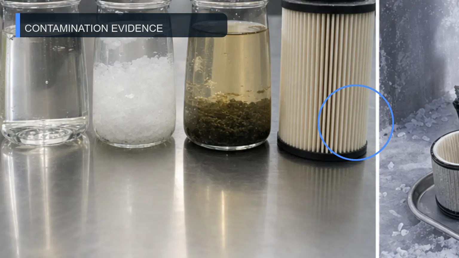 Normal and failed DEF filter conditions compared during incoming or warranty inspection